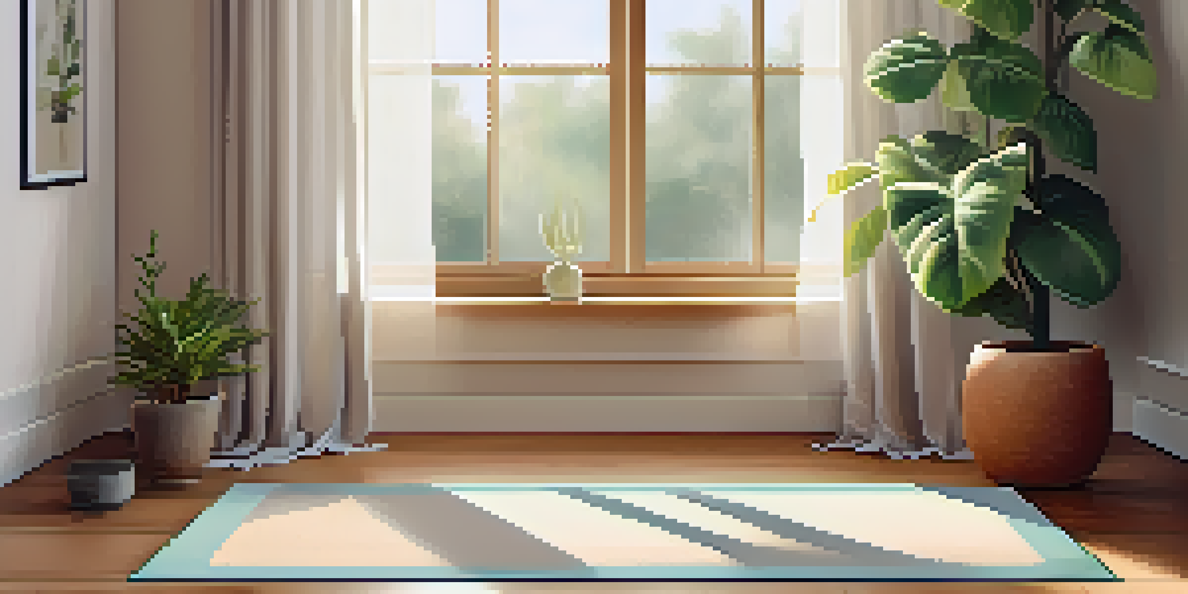 A peaceful indoor meditation space with a yoga mat, soft natural light, and a potted plant.