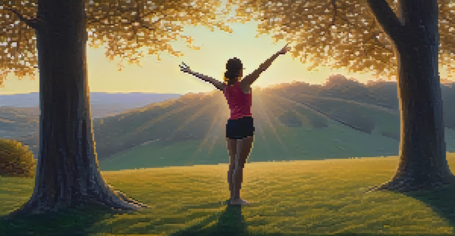 A person practicing Tree Pose on a grassy hill during sunset, radiating calm and balance.