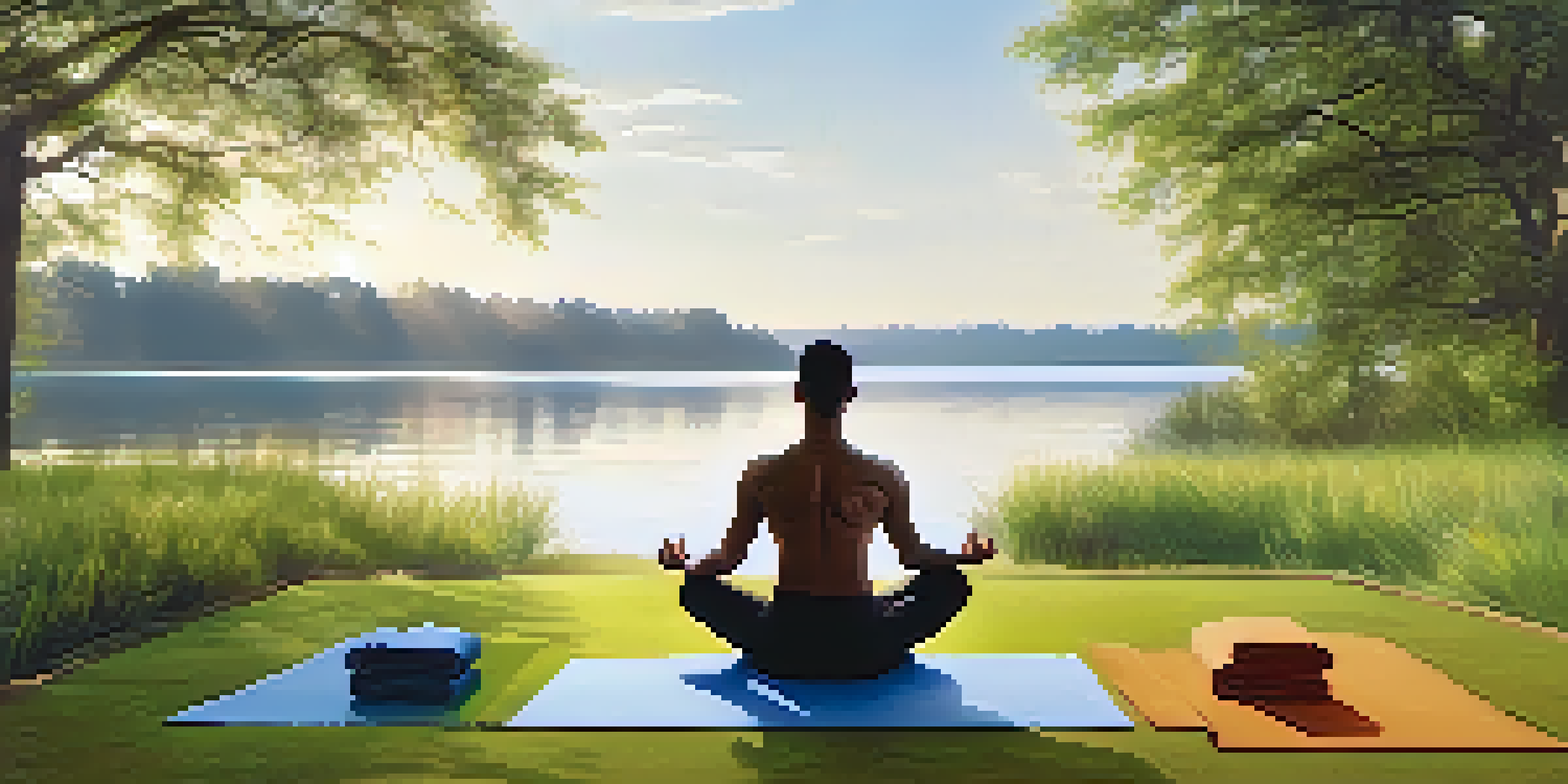 A man practicing yoga outdoors on a green lawn with sunlight filtering through trees, a calm lake in the background.