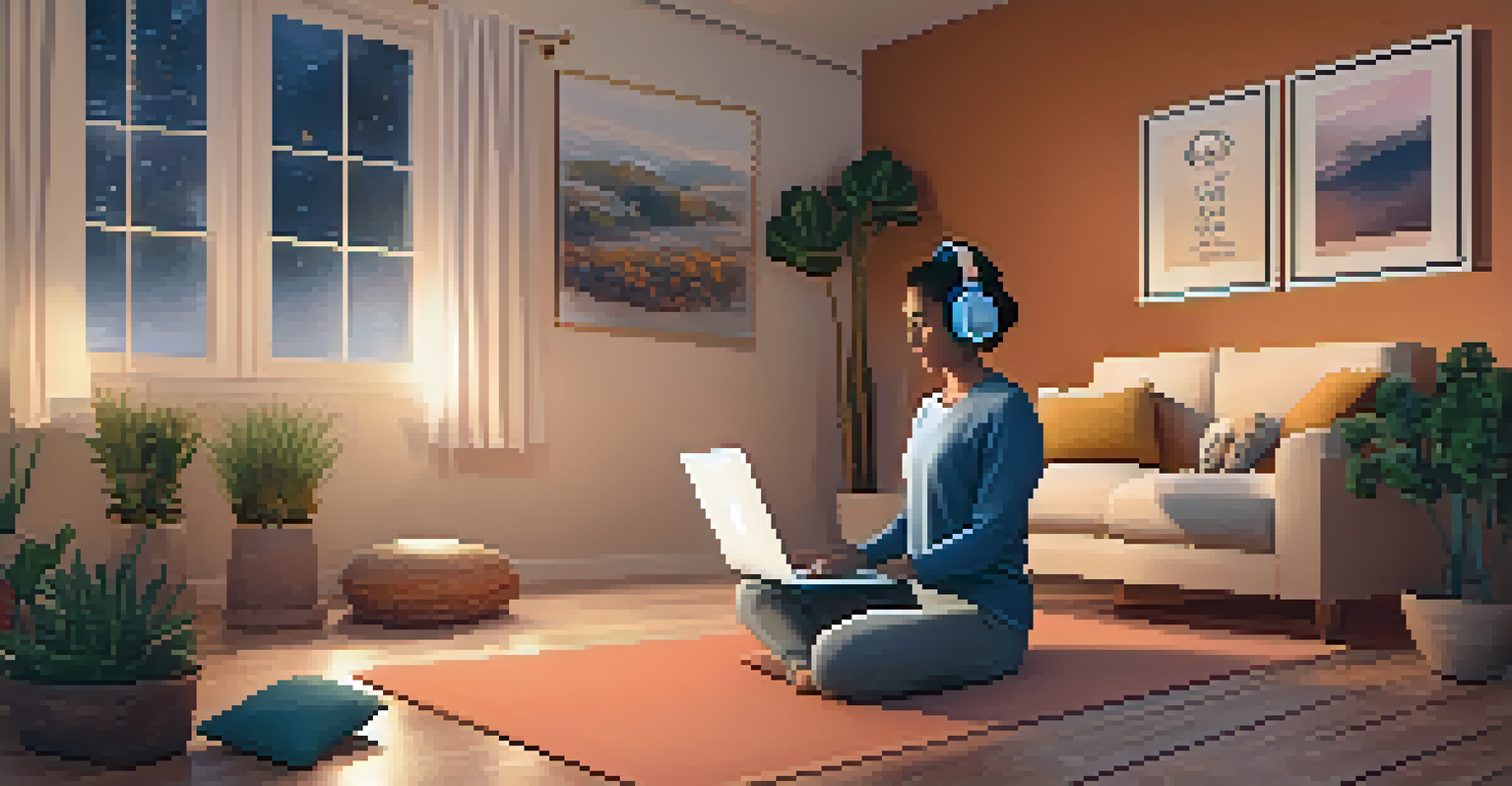 A cozy living room where a person practices yoga while listening to a guided session on a laptop, wearing headphones.