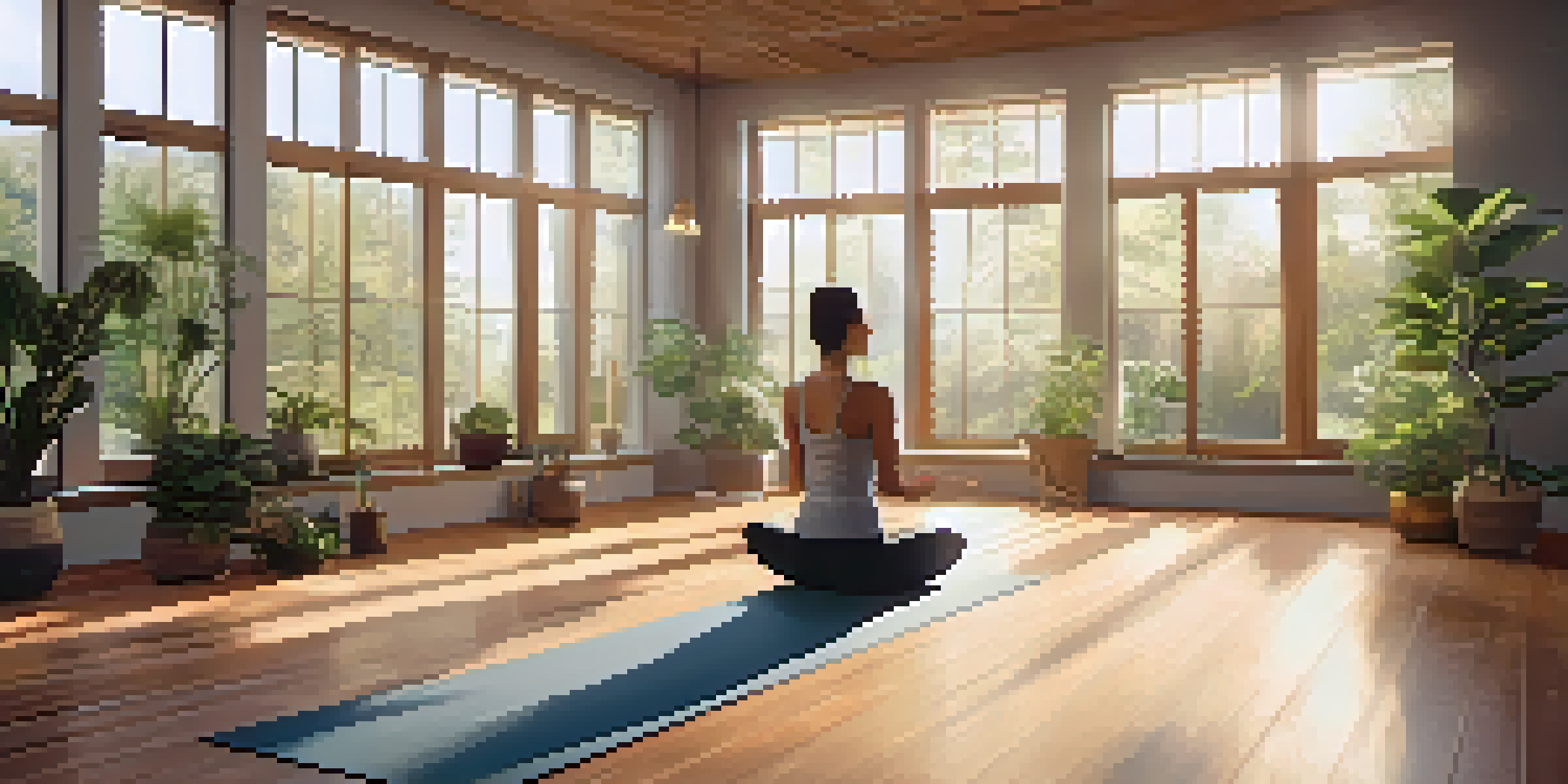 A person practicing the Tree Pose in a bright yoga studio filled with greenery and natural light.