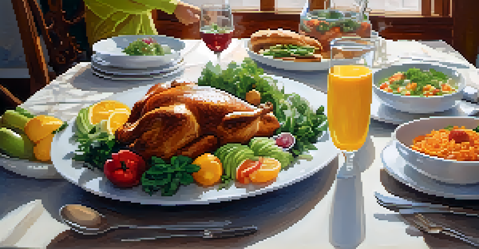 A dining table with a person preparing to eat mindfully, surrounded by a healthy meal and a bright setting.