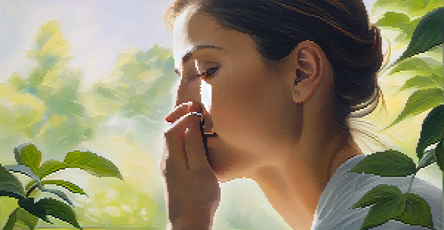 A person practicing breathwork with hands over their face and eyes closed, surrounded by a softly blurred garden setting.