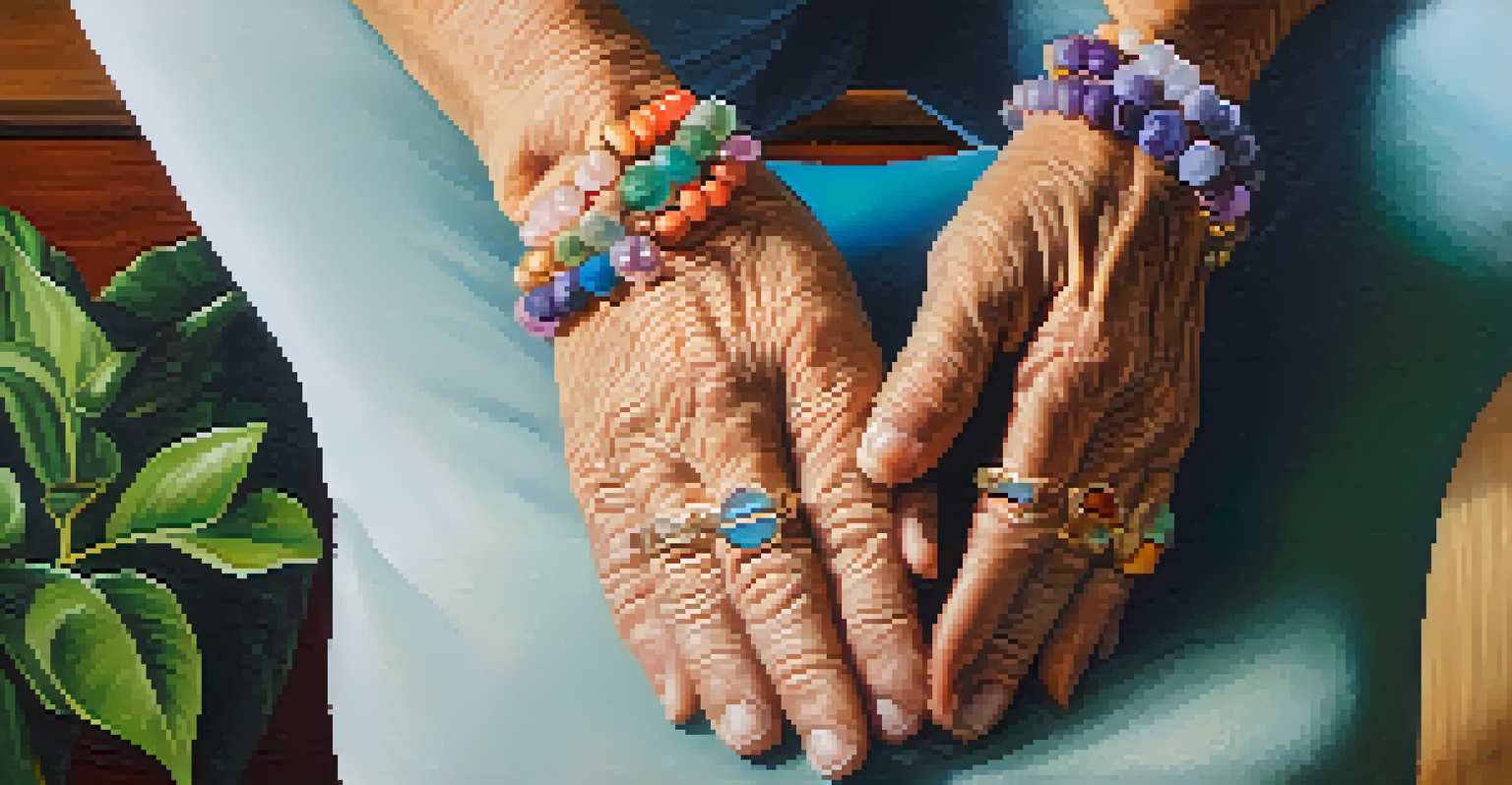 Close-up of an elderly person's hands resting on their knees during chair yoga, surrounded by a calming and serene environment.