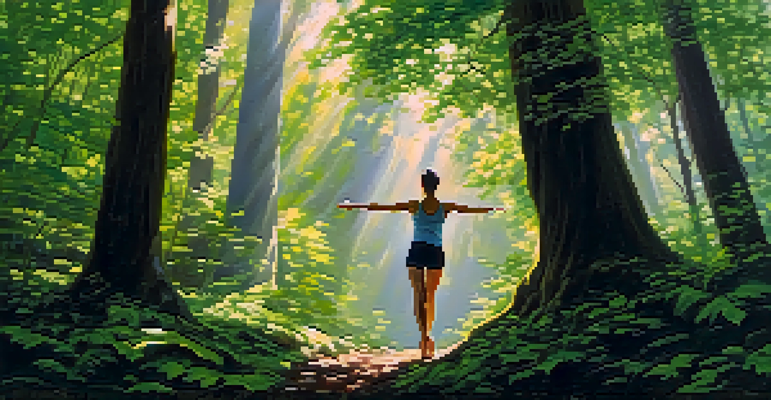 A person practicing the Tree Pose yoga in a serene forest with sunlight filtering through the trees.
