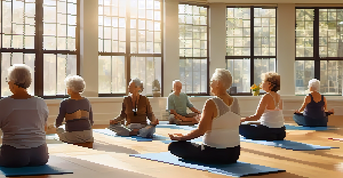 A group of elderly individuals practicing yoga in a bright, spacious room with natural light, using props for support.
