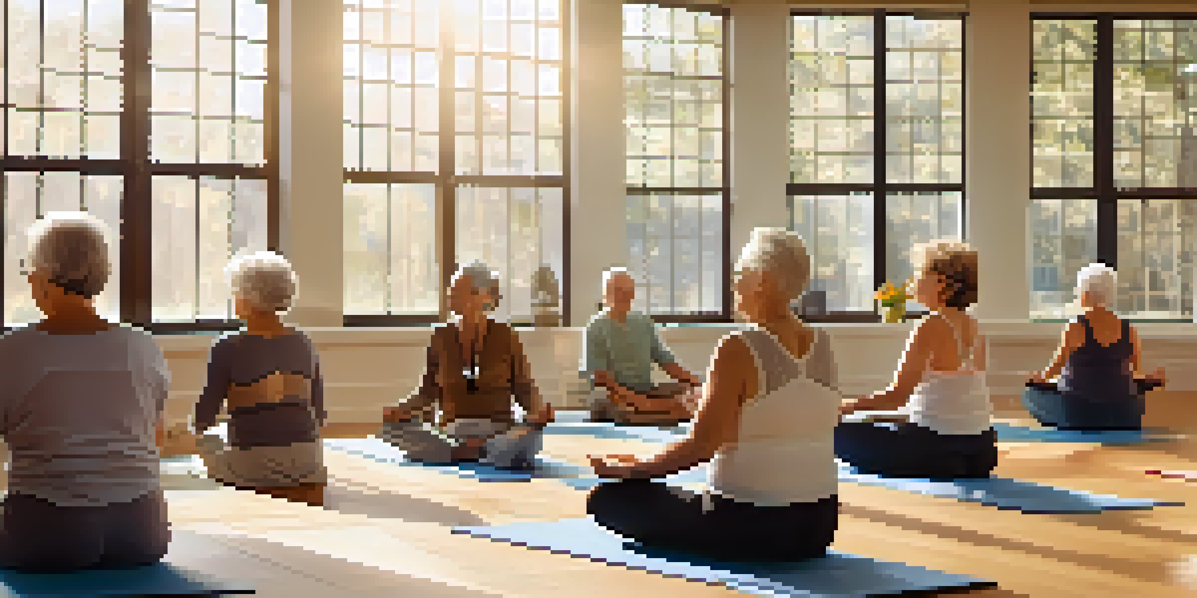 A group of elderly individuals practicing yoga in a bright, spacious room with natural light, using props for support.