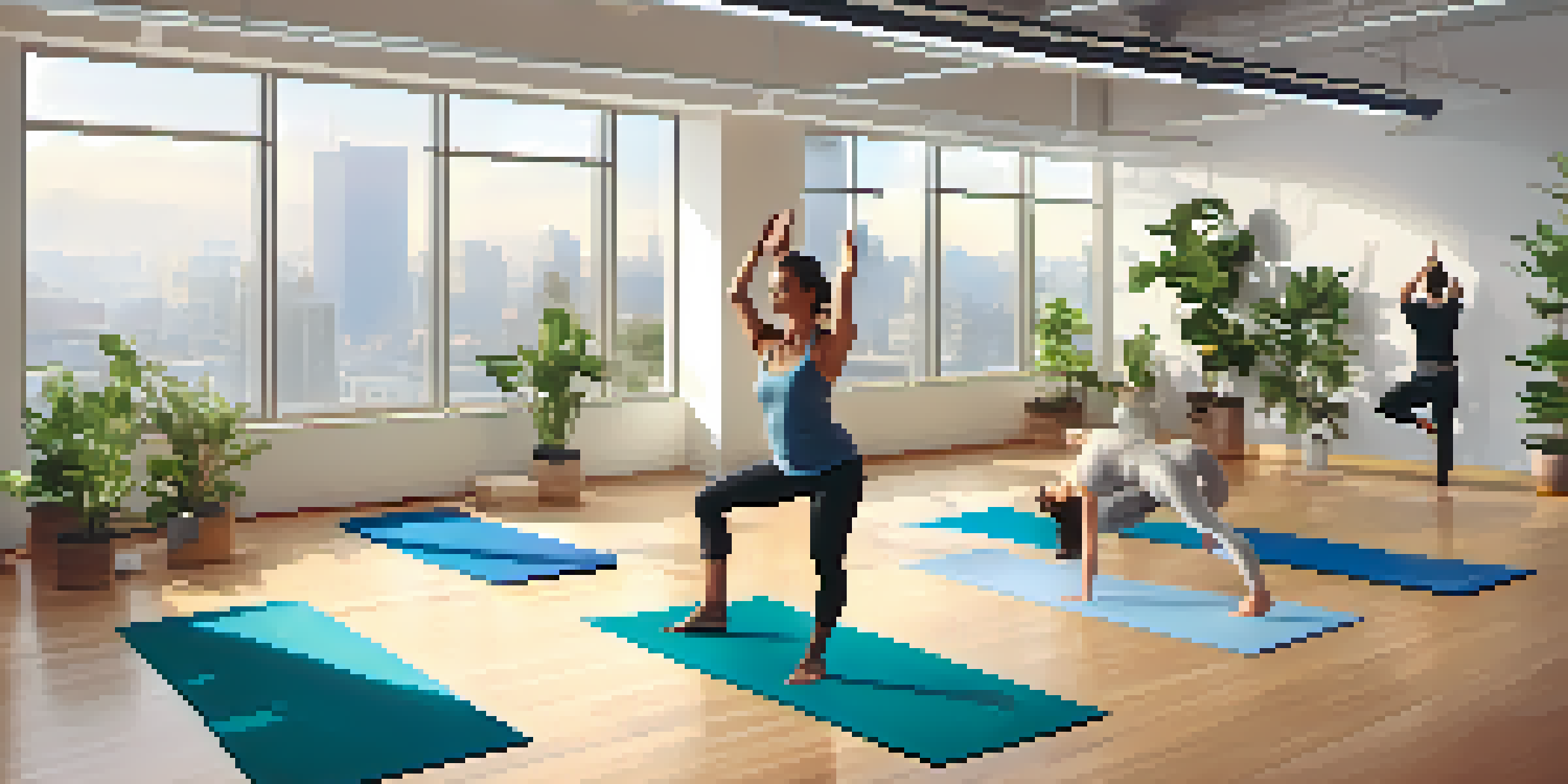 A group of employees practicing yoga in a bright, plant-filled office space, showcasing various yoga poses.