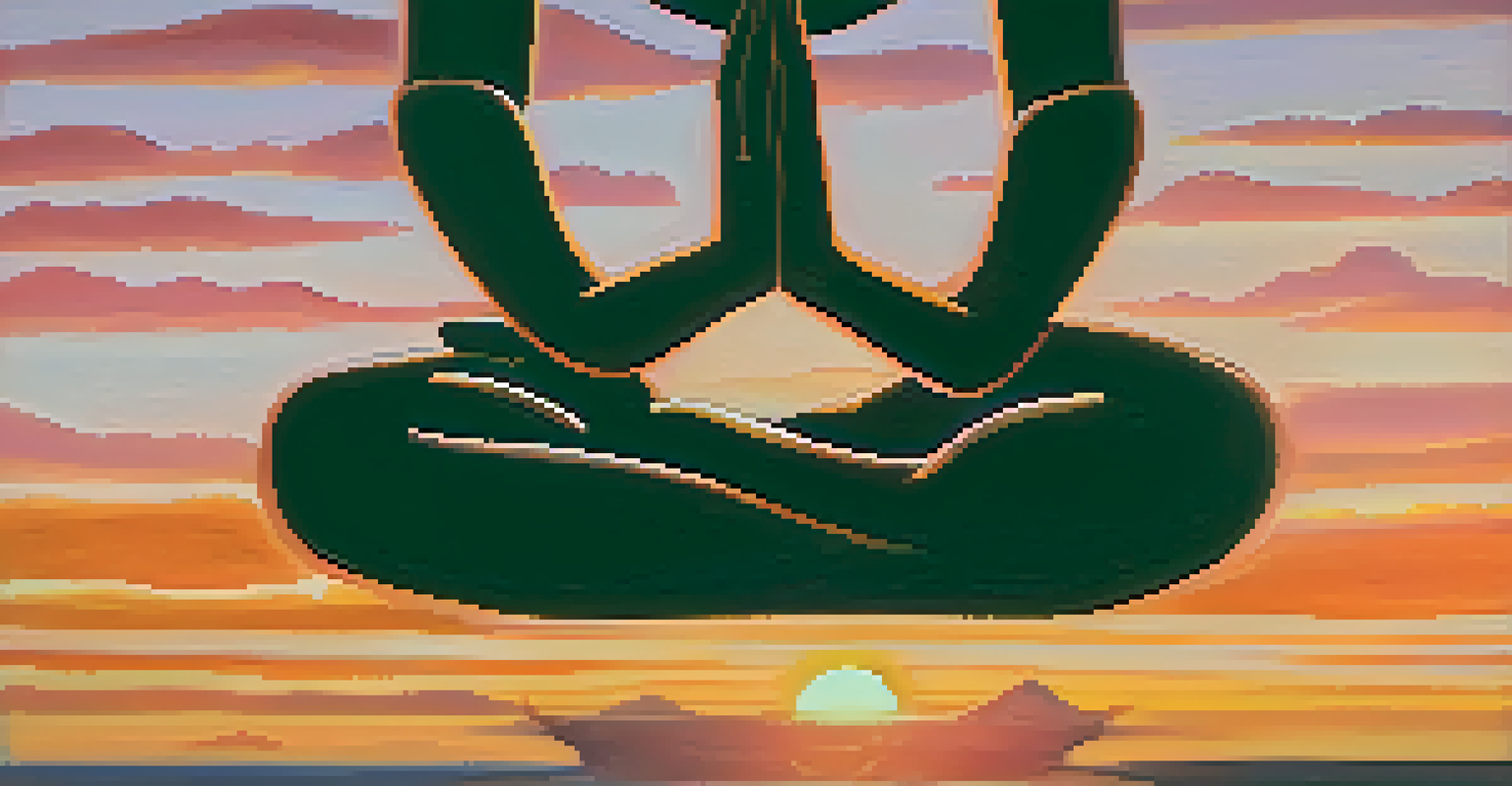 Close-up of hands in a yoga mudra against a colorful sunset backdrop.