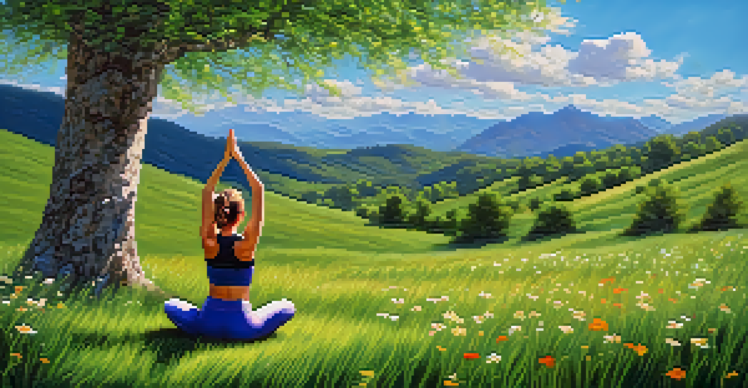 An athlete practicing yoga on a hilltop with mountains in the background.