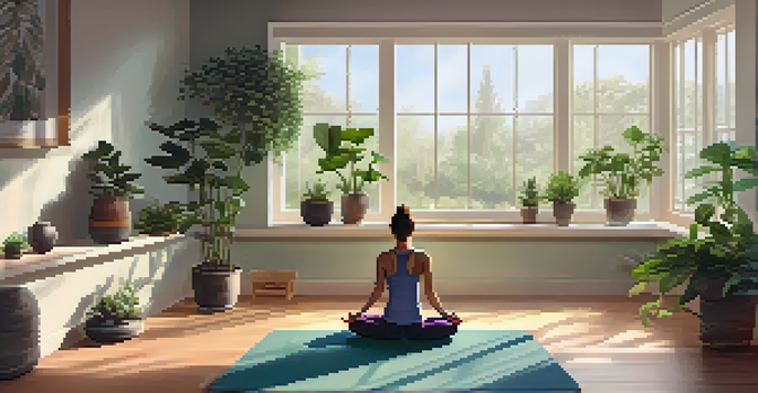 A yoga studio with natural lighting and a person practicing Child's Pose on a mat surrounded by plants and calming decor.