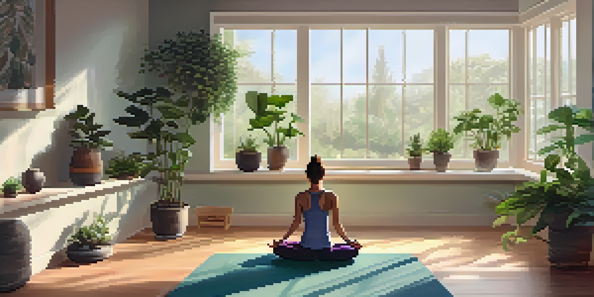 A yoga studio with natural lighting and a person practicing Child's Pose on a mat surrounded by plants and calming decor.