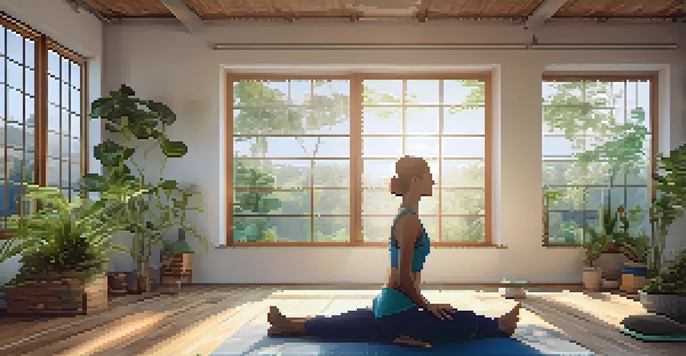 A person practicing deep breathing in a serene yoga studio filled with natural light and plants.