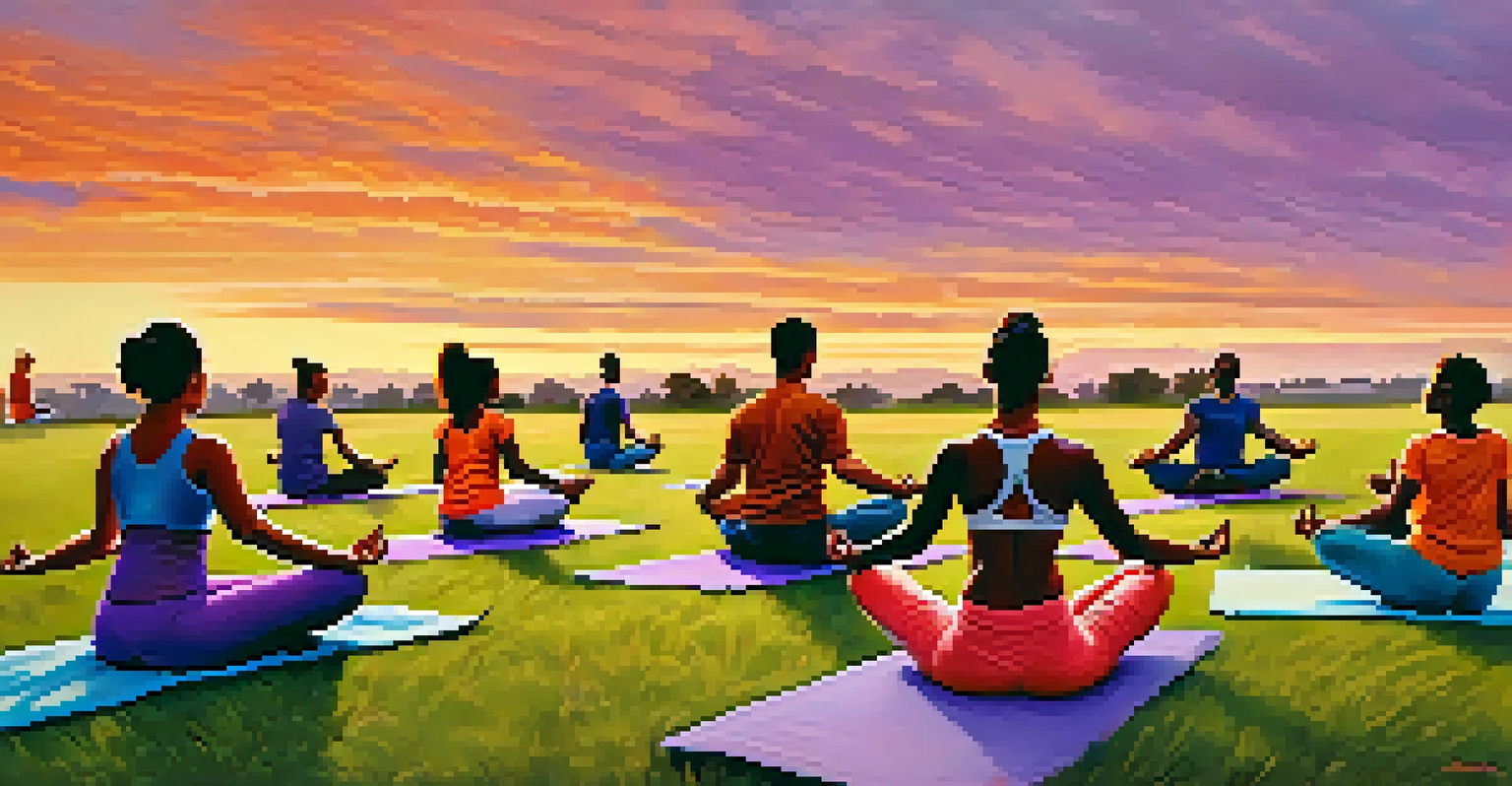 A diverse group of people practicing yoga outdoors at sunset on a grassy field, with a colorful sky in the background.