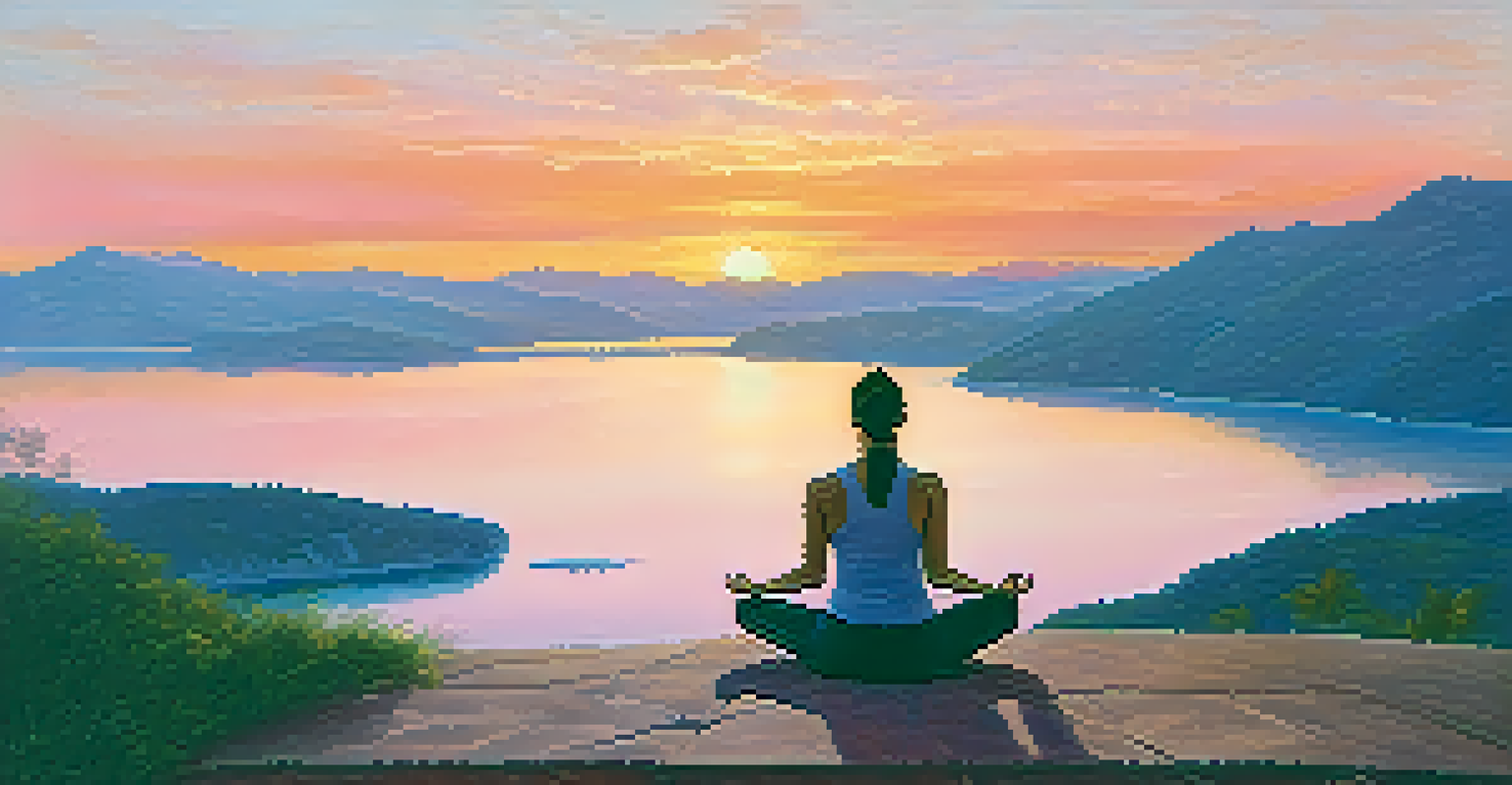 An individual meditating on a cliff at sunset, surrounded by a beautiful landscape.