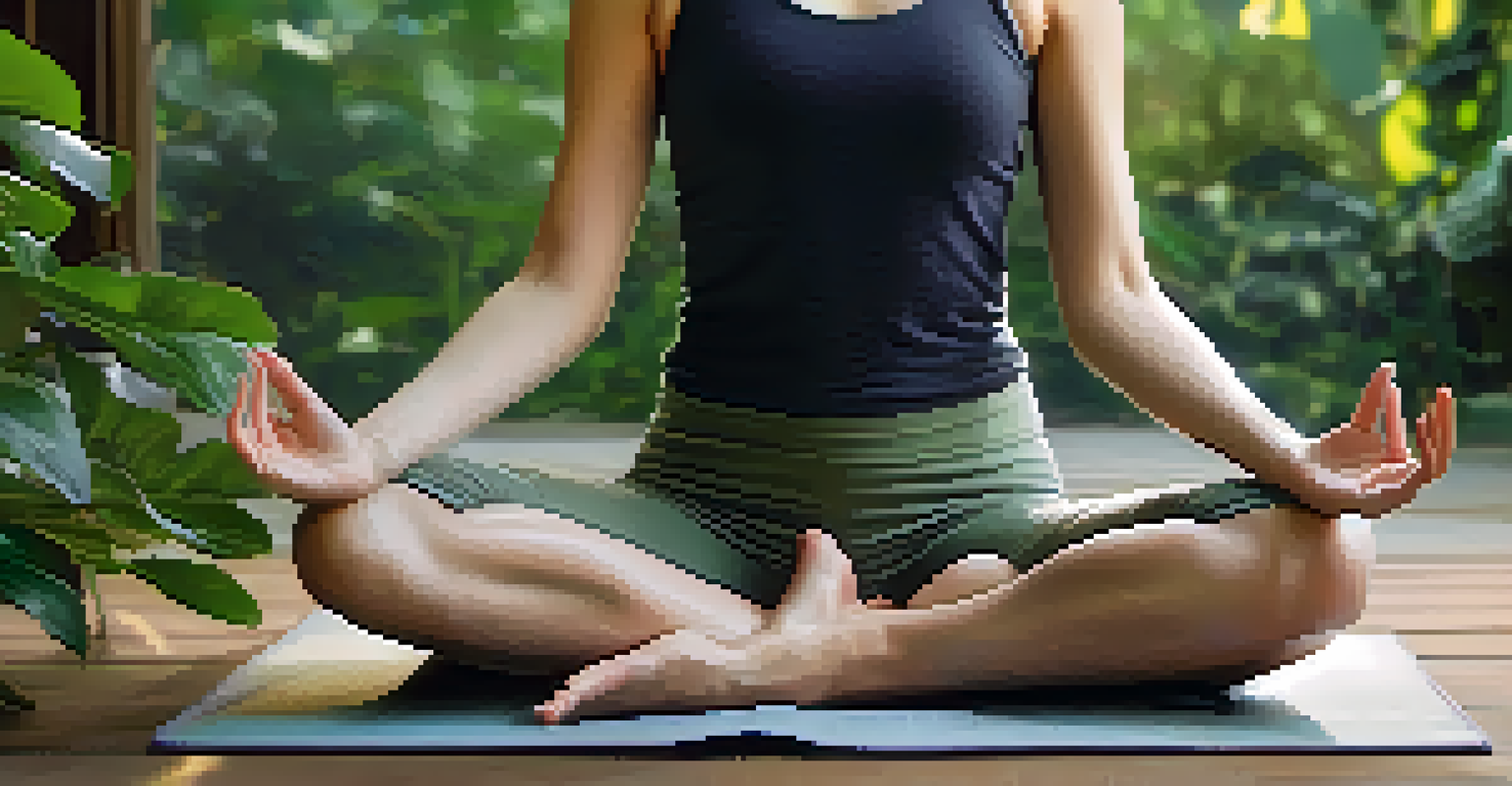 A person meditating on a yoga mat, with a calm expression, surrounded by nature and soft sunlight.