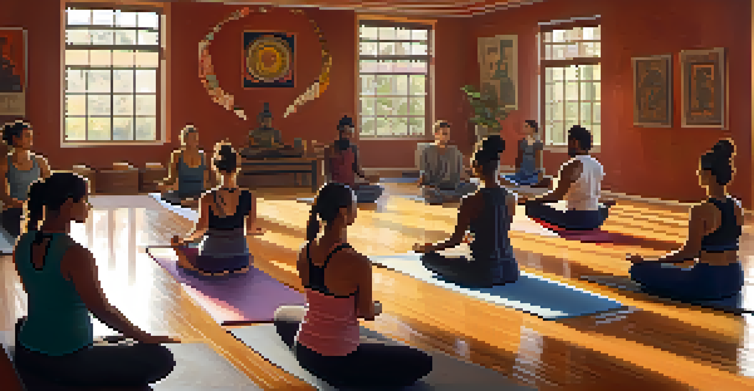 A warm indoor yoga class with a diverse group of participants and an instructor, surrounded by cultural artifacts.