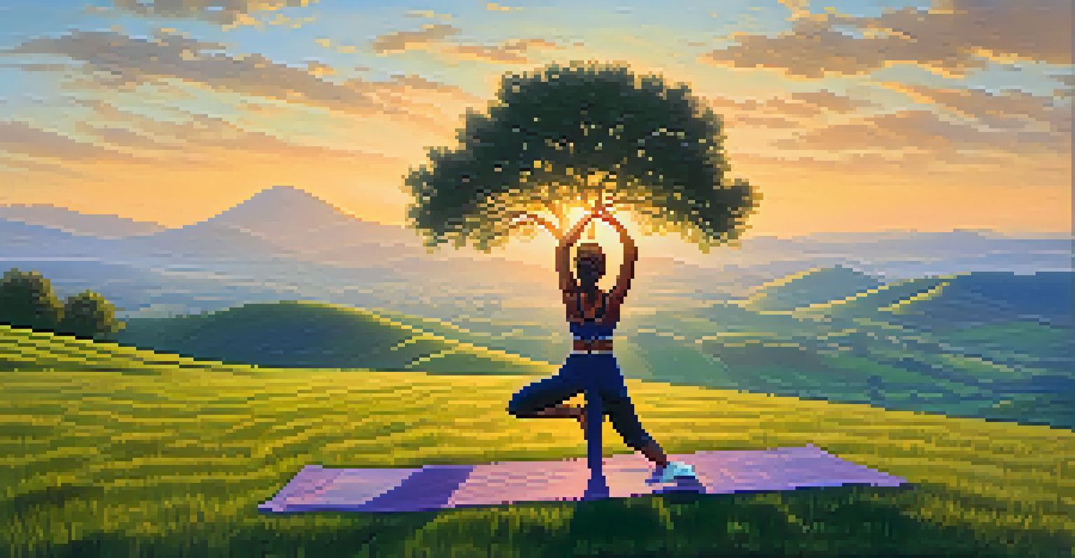 A person in tree pose on a hilltop at sunrise, surrounded by green fields and mountains, with golden morning light illuminating the scene.