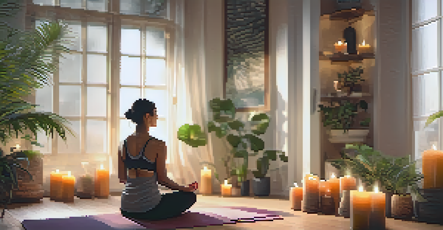 A person meditating in a peaceful setting, surrounded by candles and plants, portraying calmness and self-care.