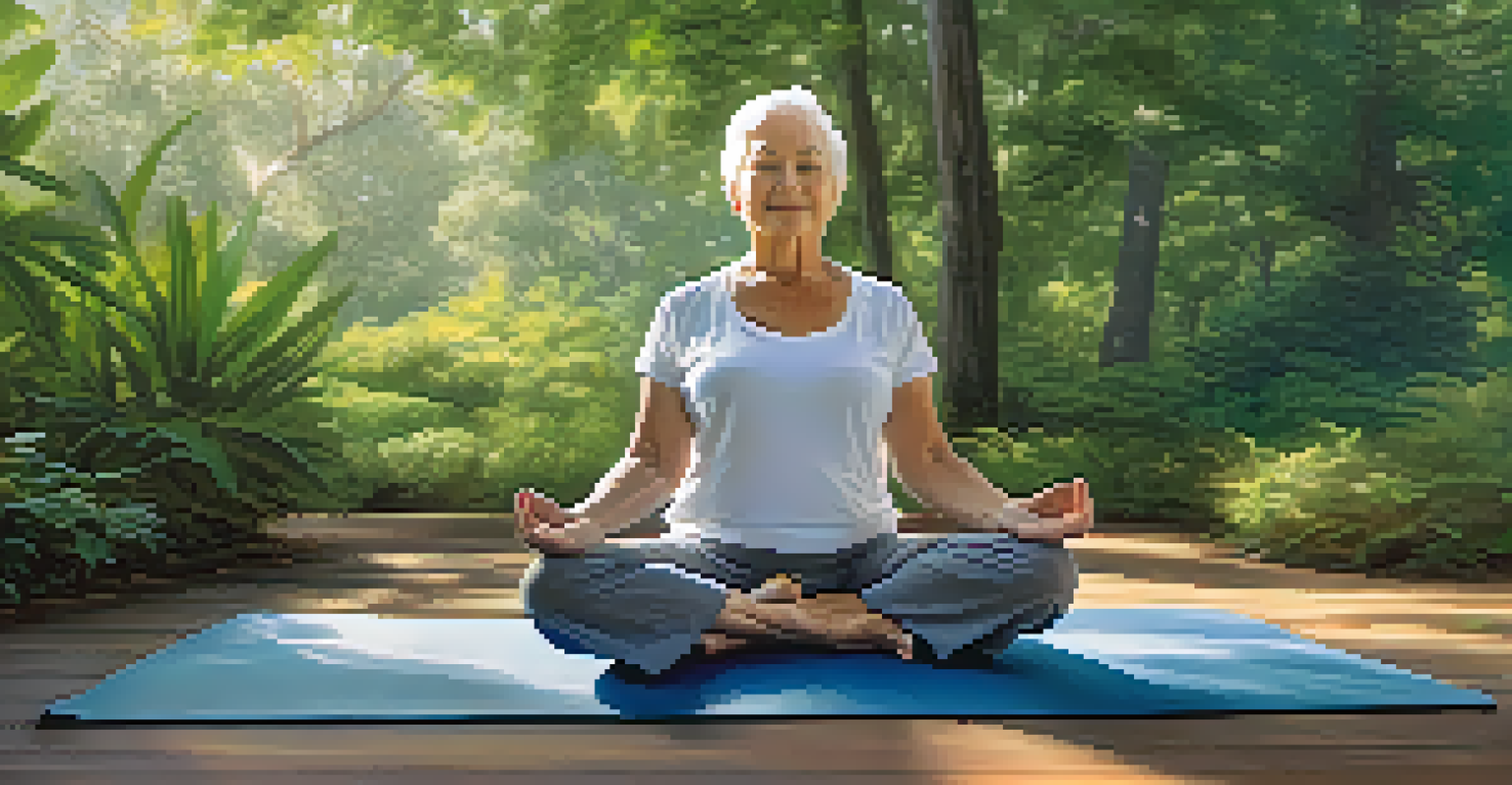 An older person practicing Boat Pose on a yoga mat outdoors, surrounded by greenery and soft sunlight.