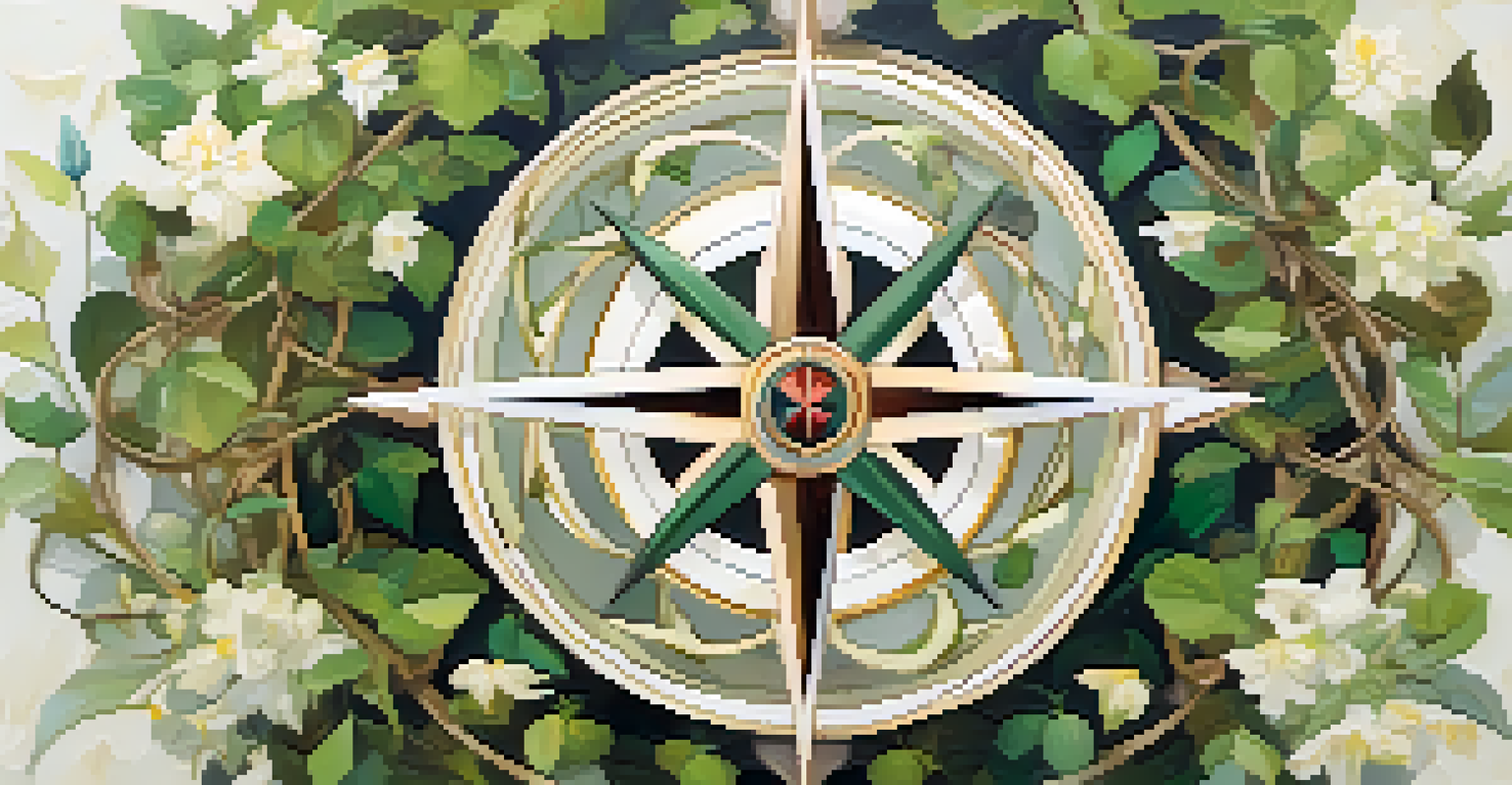 An abstract compass made of vines and flowers, symbolizing intention, with a blurred natural background.