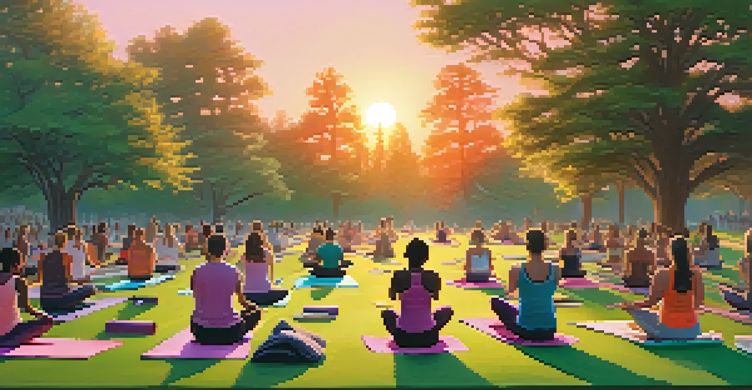 Athletes practicing yoga in a green park at sunset, with vibrant sky colors enhancing the peaceful scene.