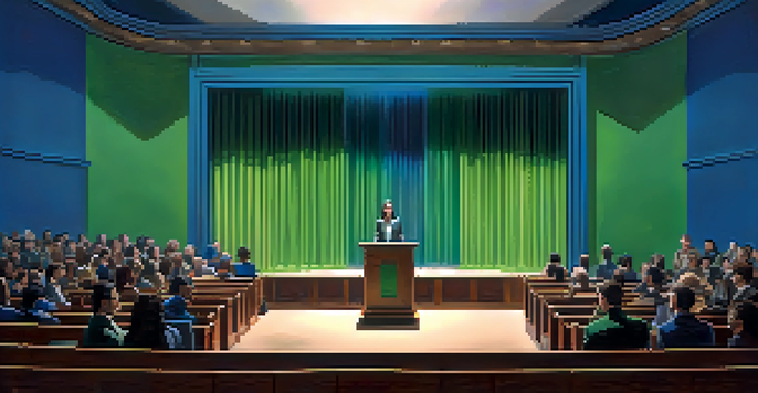 A confident speaker practicing breathing techniques at a podium in a bright auditorium, with an audience watching.