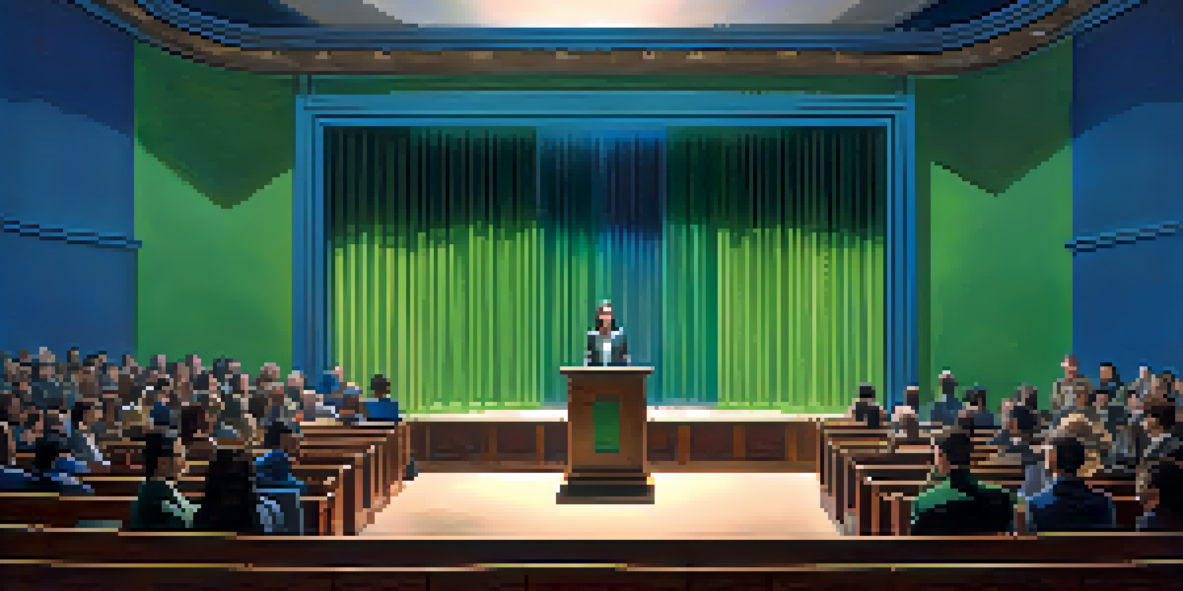 A confident speaker practicing breathing techniques at a podium in a bright auditorium, with an audience watching.