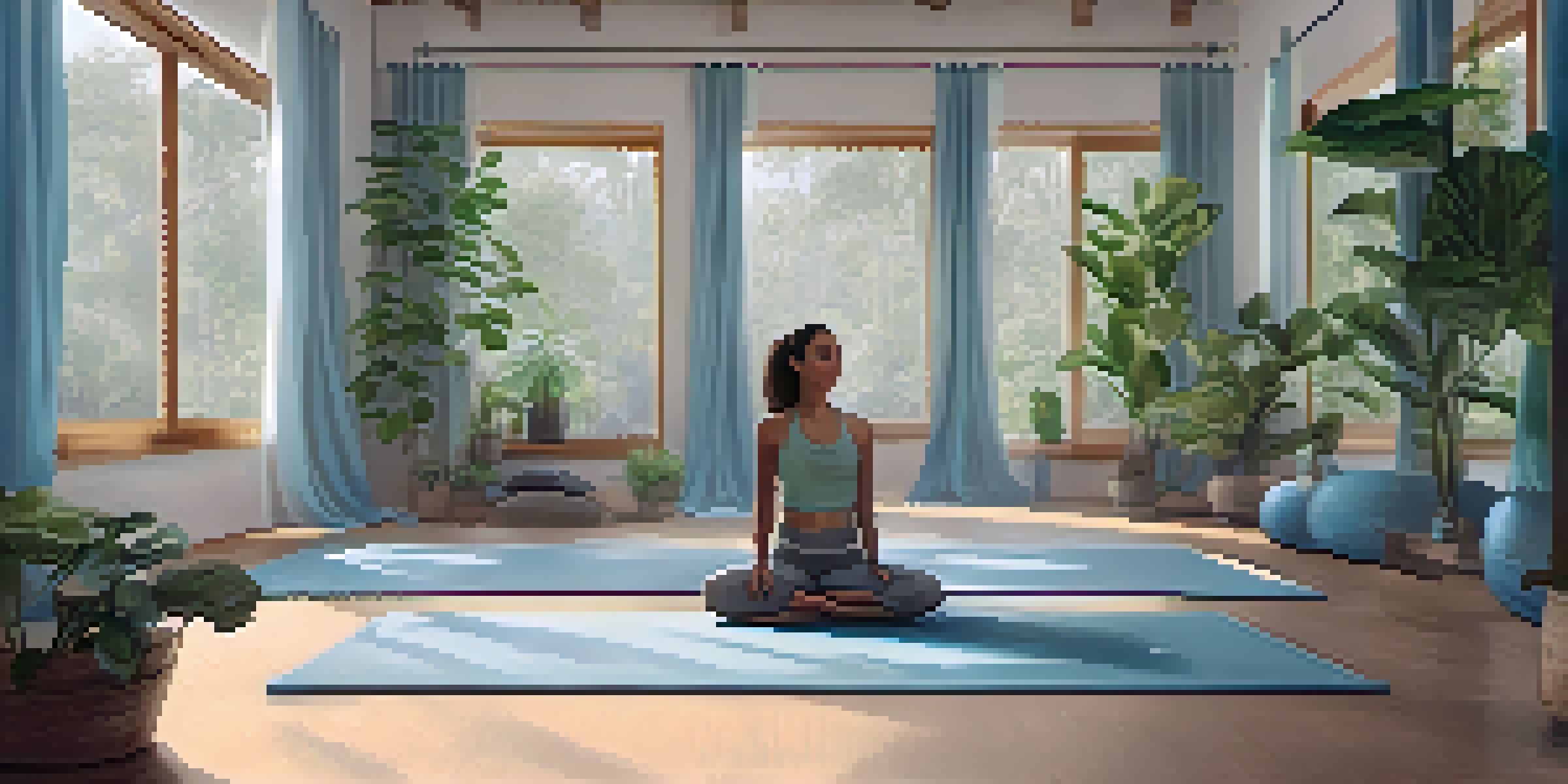 A peaceful indoor yoga space with a person practicing Supta Baddha Konasana surrounded by cushions and plants.