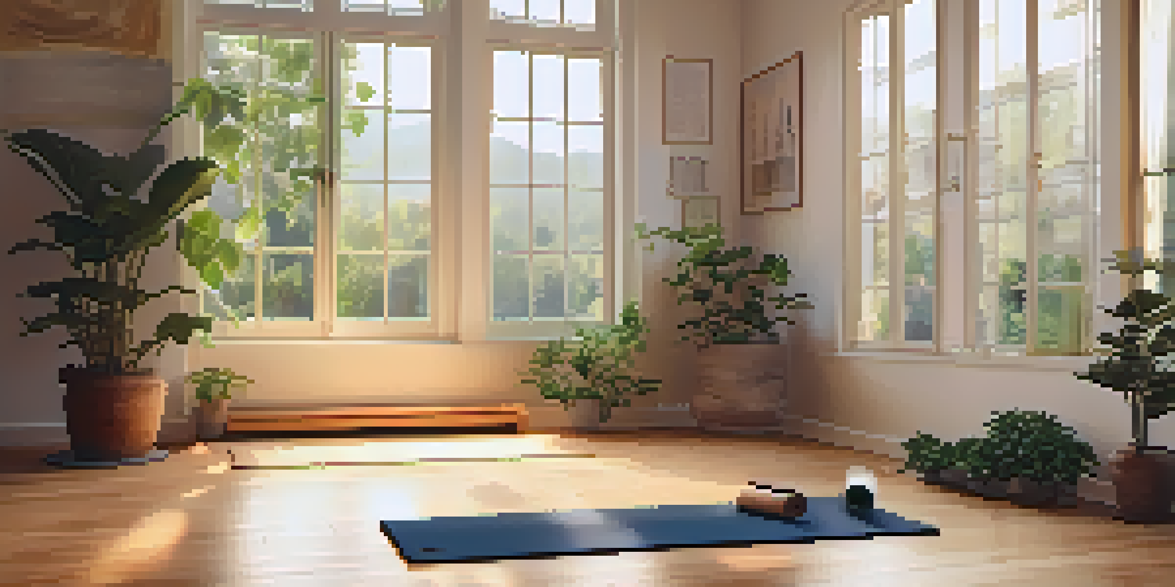 A calming yoga space with a yoga mat, potted plants, and warm lighting for mindful movement.
