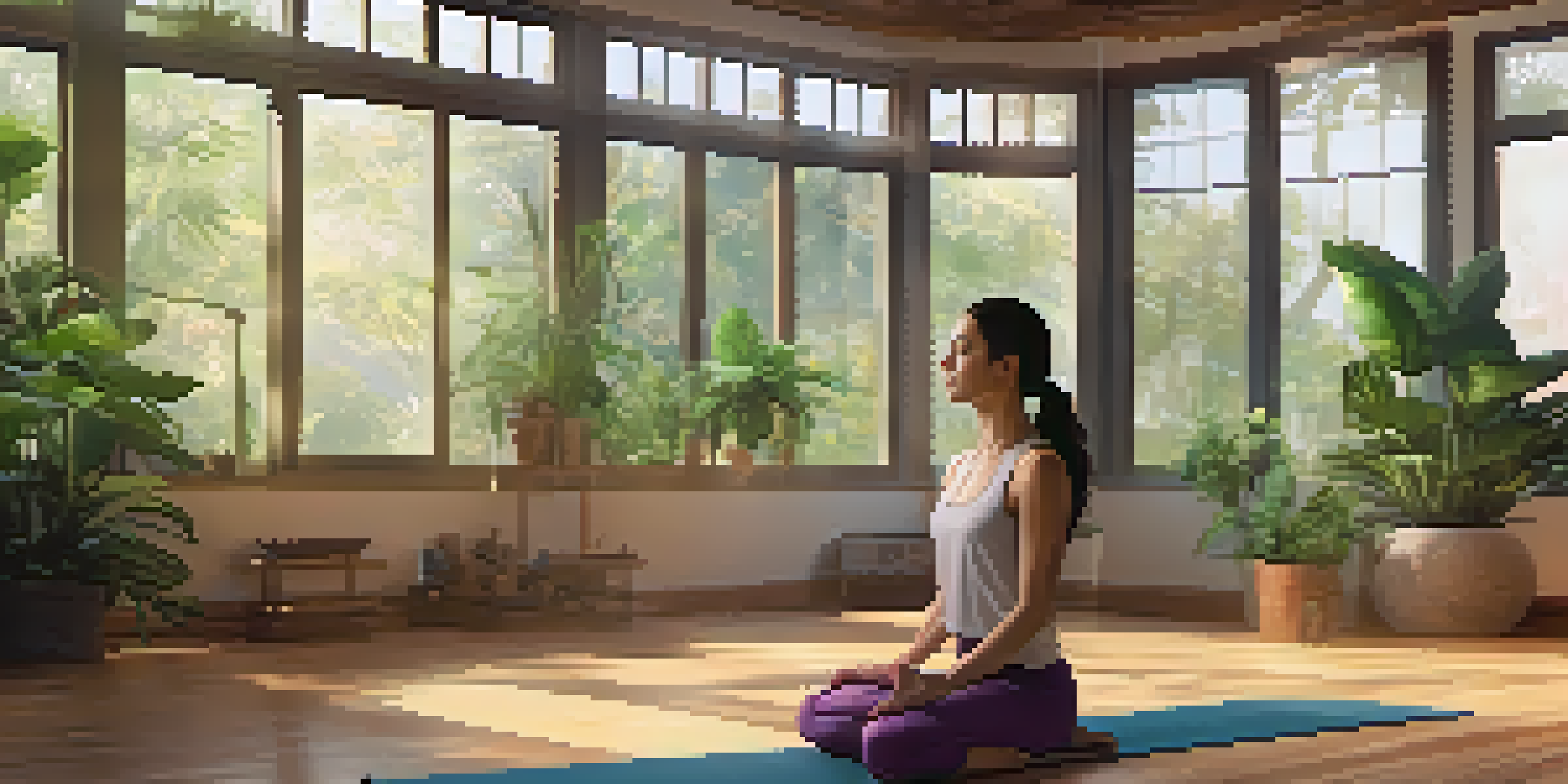 A tranquil yoga studio featuring a person in Warrior Pose, soft morning light, and indoor plants, with a singing bowl nearby.