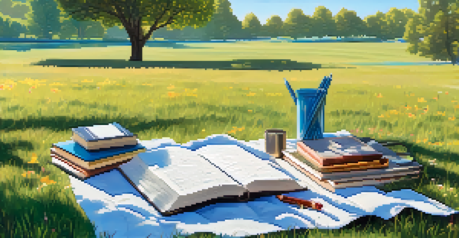 A tranquil outdoor space for yoga journaling, with a picnic blanket, a journal, and colorful pens in a park.