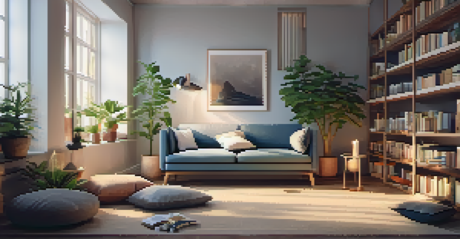 A cozy meditation corner in a home, with a person meditating and calming decor around.