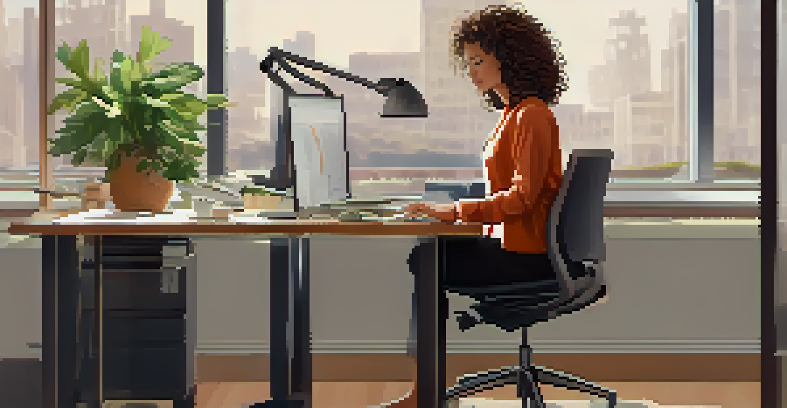 A middle-aged woman practicing a seated forward bend in a well-organized office with natural sunlight.