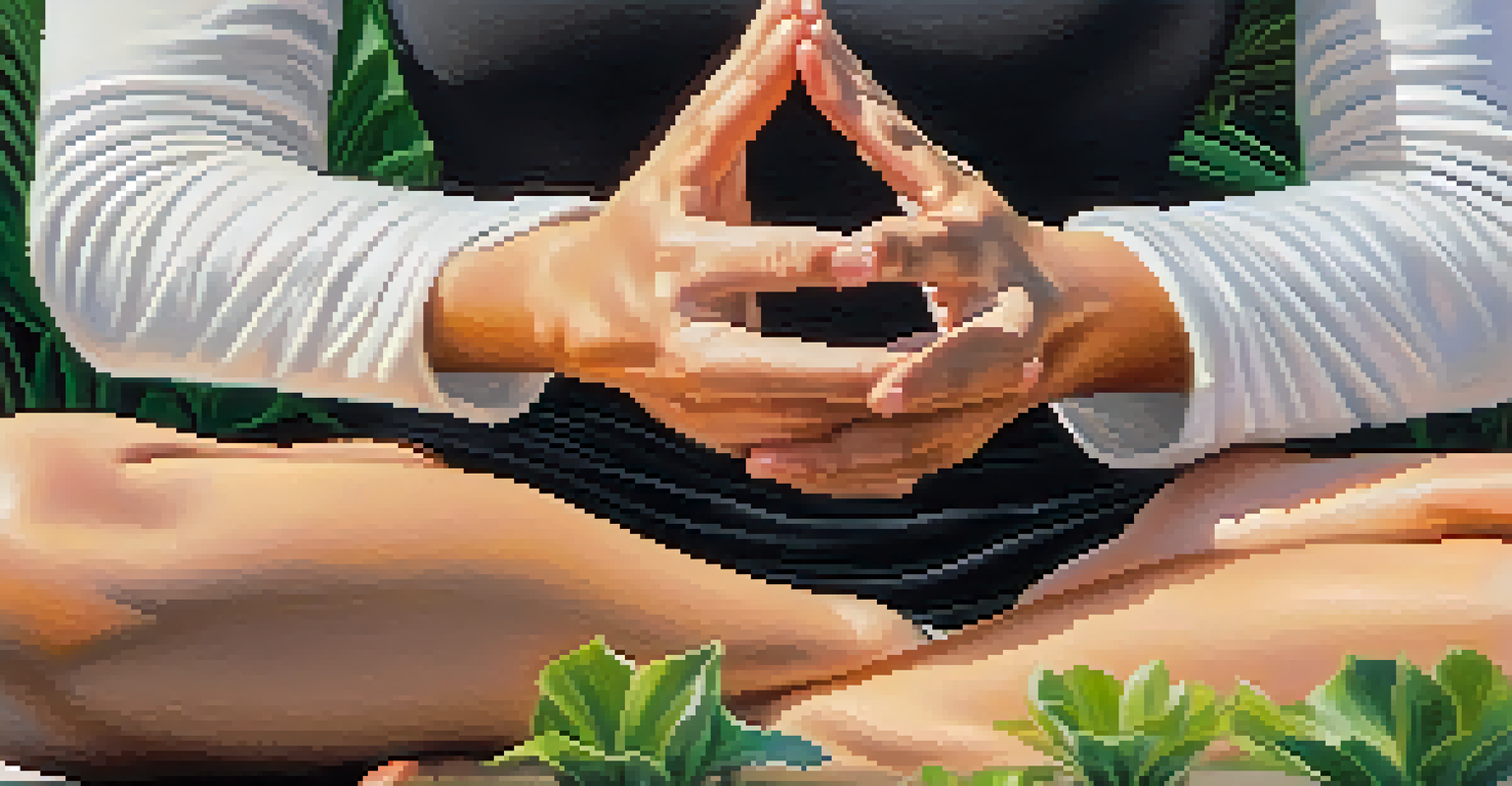 Close-up of hands in a yoga pose, practicing breathwork in a peaceful garden setting.