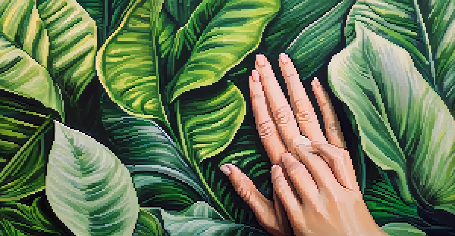 Close-up of a person's hands in a gentle yoga pose surrounded by green plants, symbolizing mindfulness.