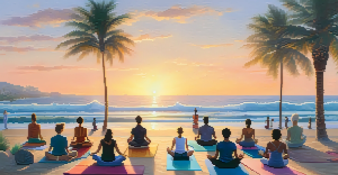 A diverse group of people practicing yoga at sunrise on a beach, with colorful mats and calm waves.