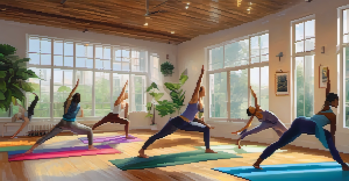 A serene yoga studio with individuals practicing yoga poses like Downward Dog and Warrior II, surrounded by natural light and greenery.
