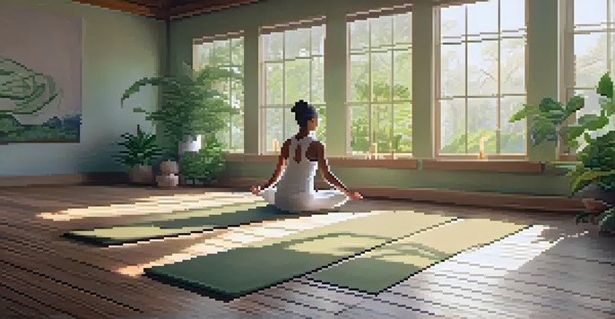 A peaceful yoga studio with a person meditating in the center, surrounded by plants and candles, with natural light illuminating the space.