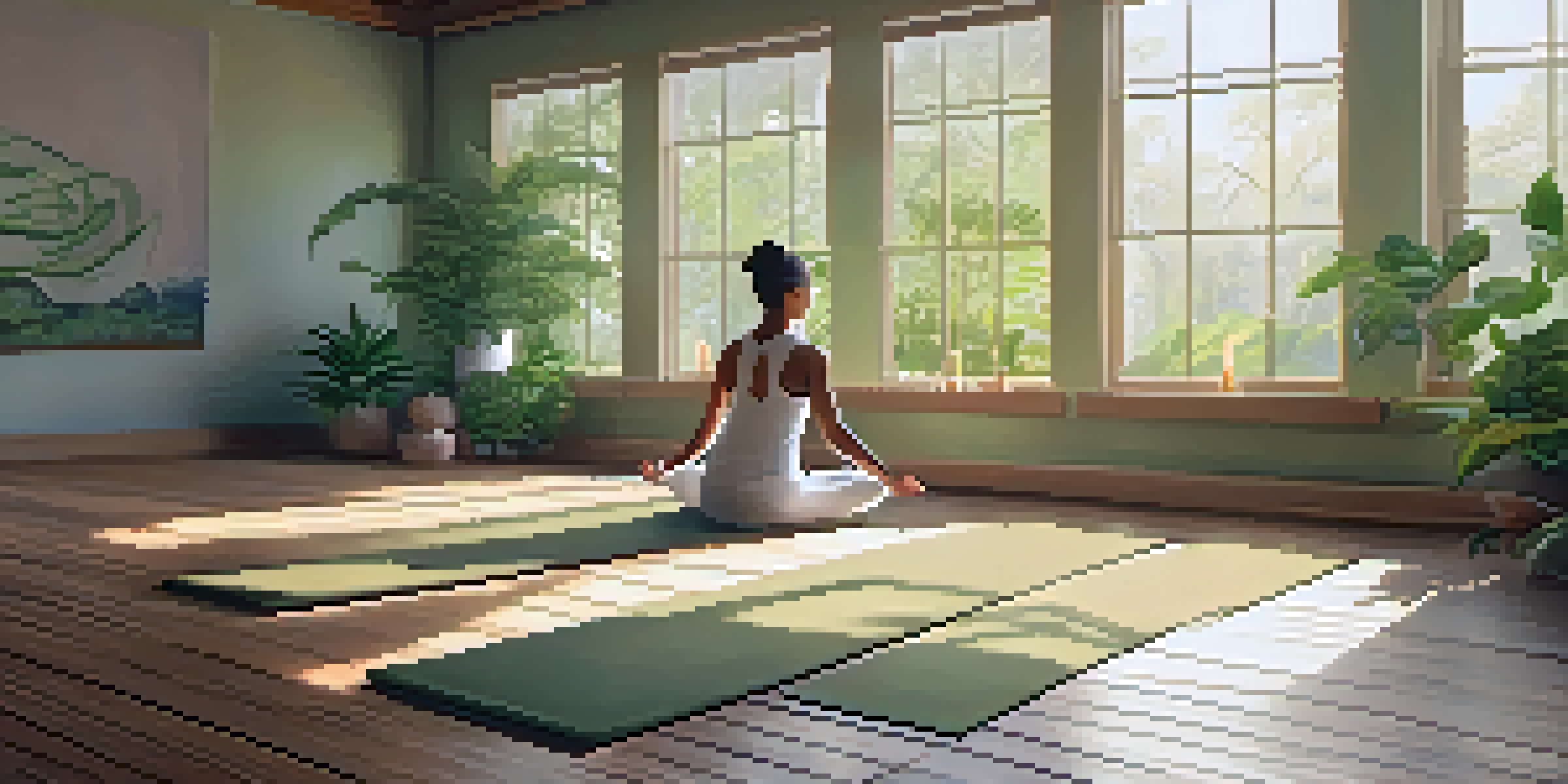 A peaceful yoga studio with a person meditating in the center, surrounded by plants and candles, with natural light illuminating the space.