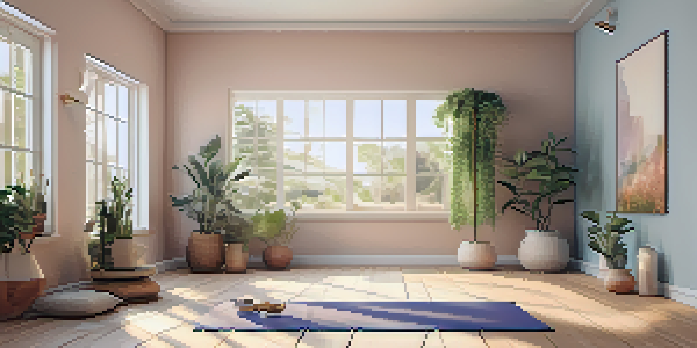 A peaceful yoga space with soft lighting, pastel colors, and decor that enhances relaxation.