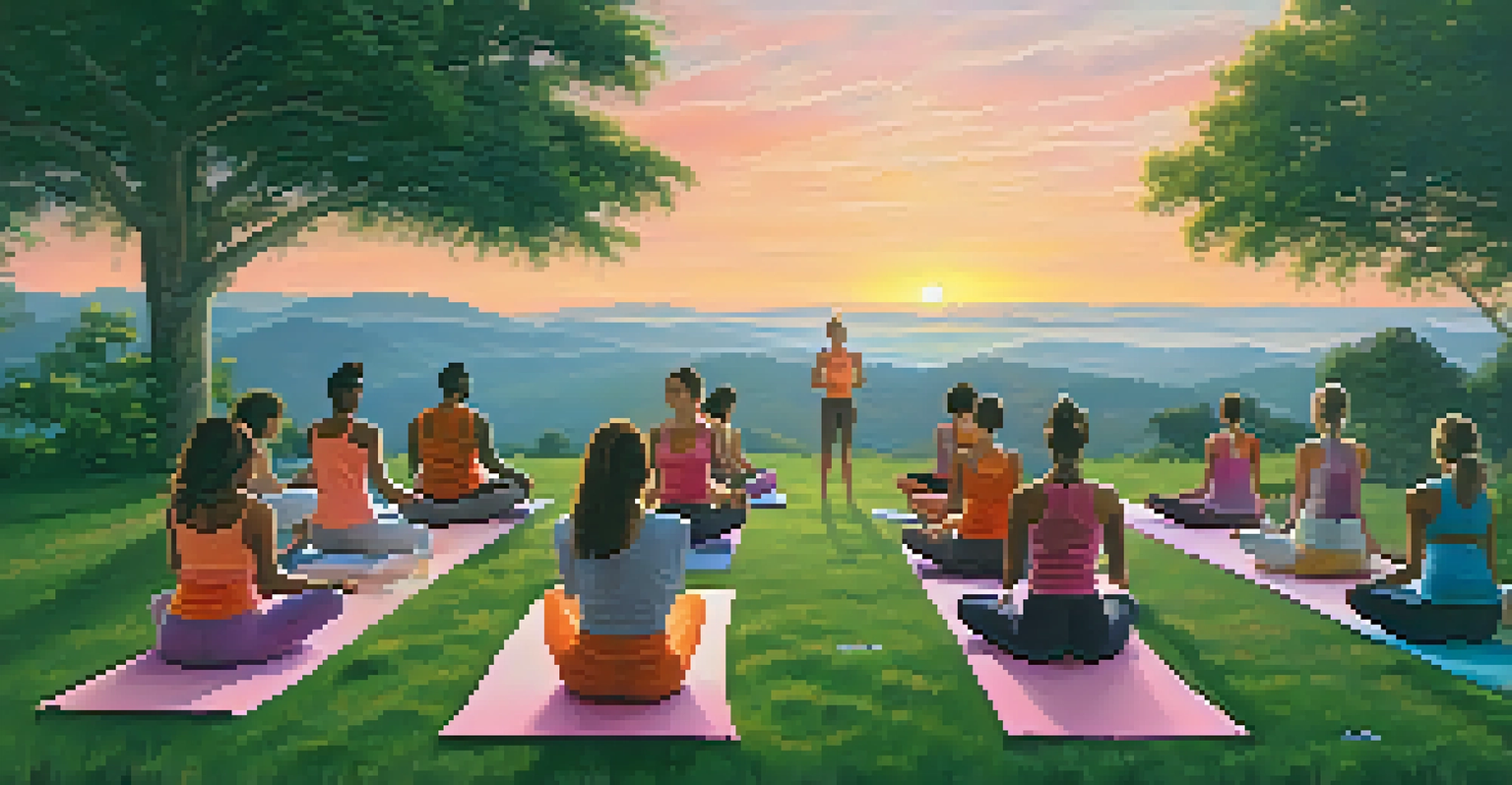 People practicing yoga outdoors at sunrise on a hill with a beautiful landscape.