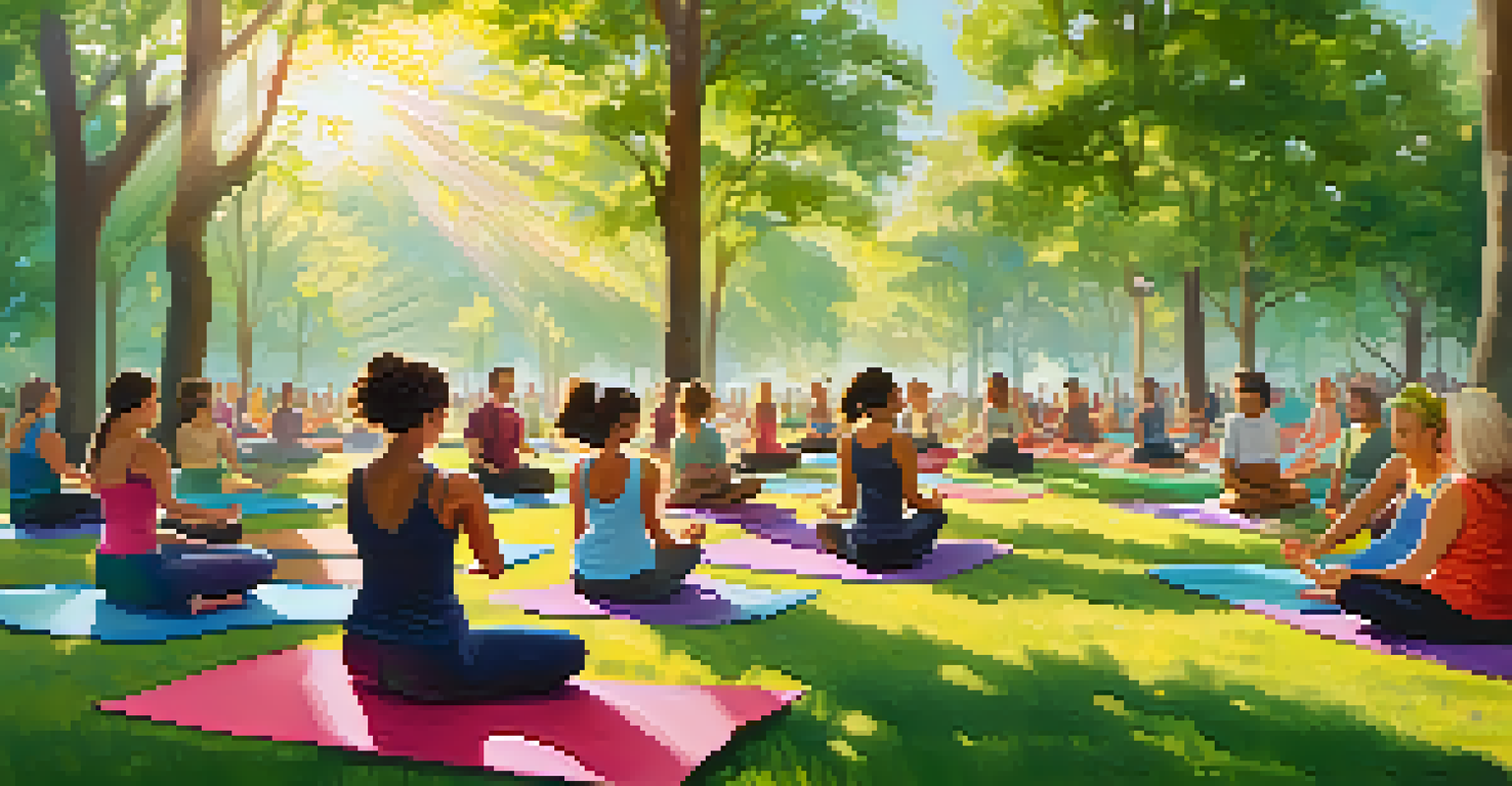 A community yoga class in a park with diverse participants practicing on colorful mats under the trees.