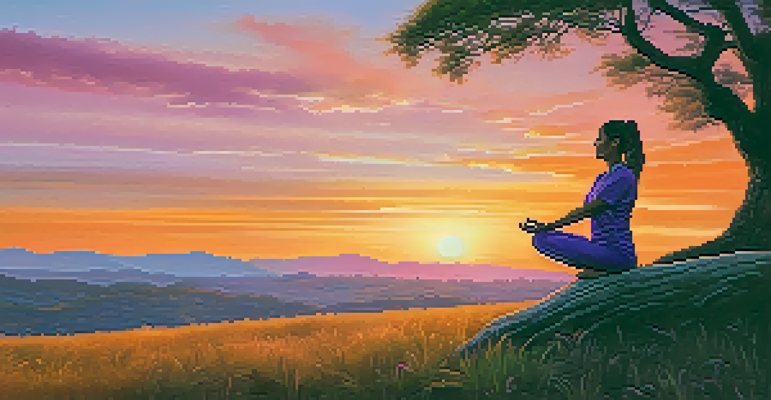 A person in a tree pose on a hillside during sunset, surrounded by colorful skies and lush grass.