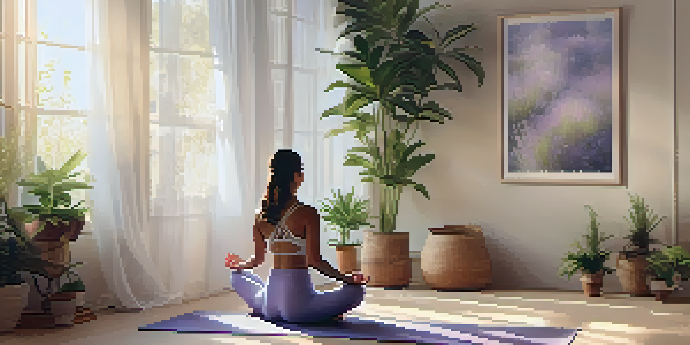 A person practicing yoga in a bright, peaceful room filled with plants, soft cushions, and natural light filtering through curtains.