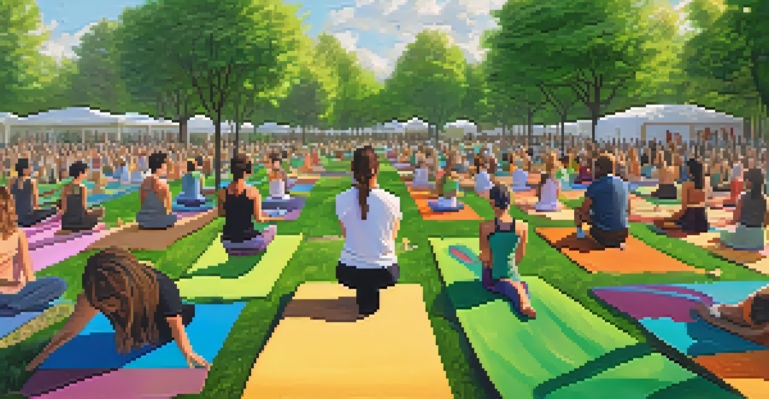 A community yoga session in a park with diverse participants on colorful mats, engaged in yoga and discussions about sustainability.