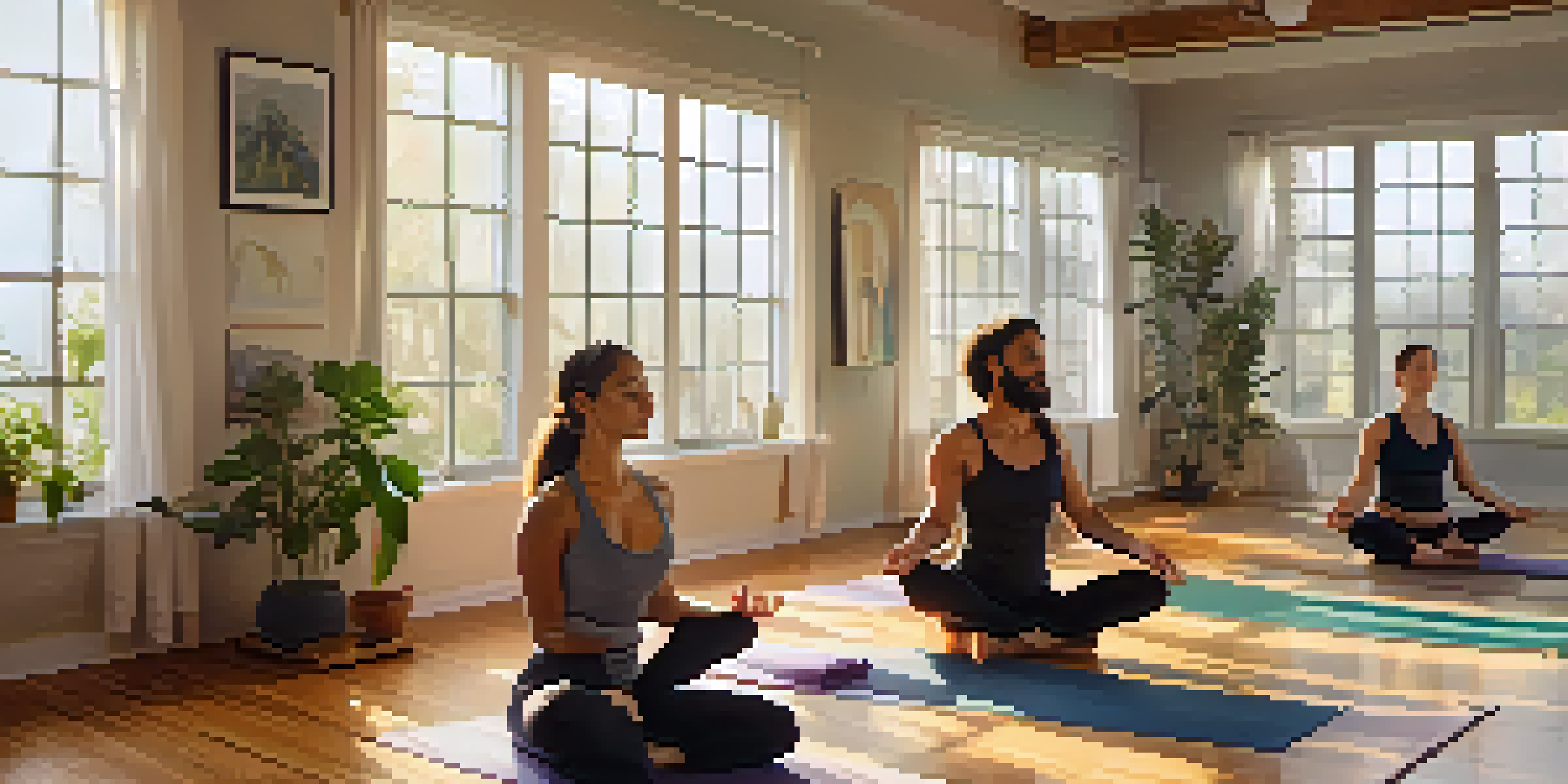 A diverse group of individuals practicing breath control in a peaceful yoga studio with wooden floors and soft morning light.