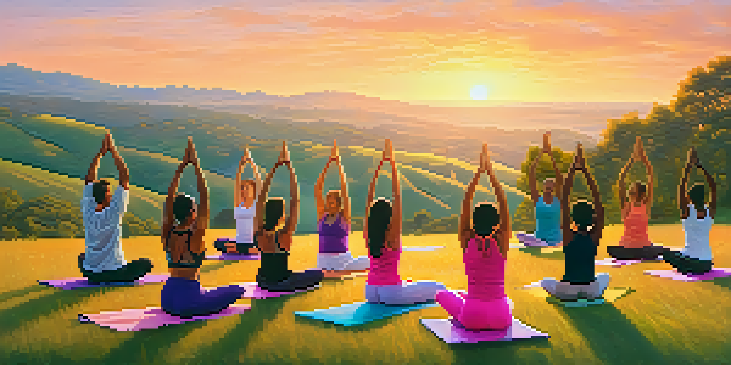 A diverse group of individuals practicing yoga outdoors at sunrise on a grassy hilltop, surrounded by rolling hills and a colorful sky.