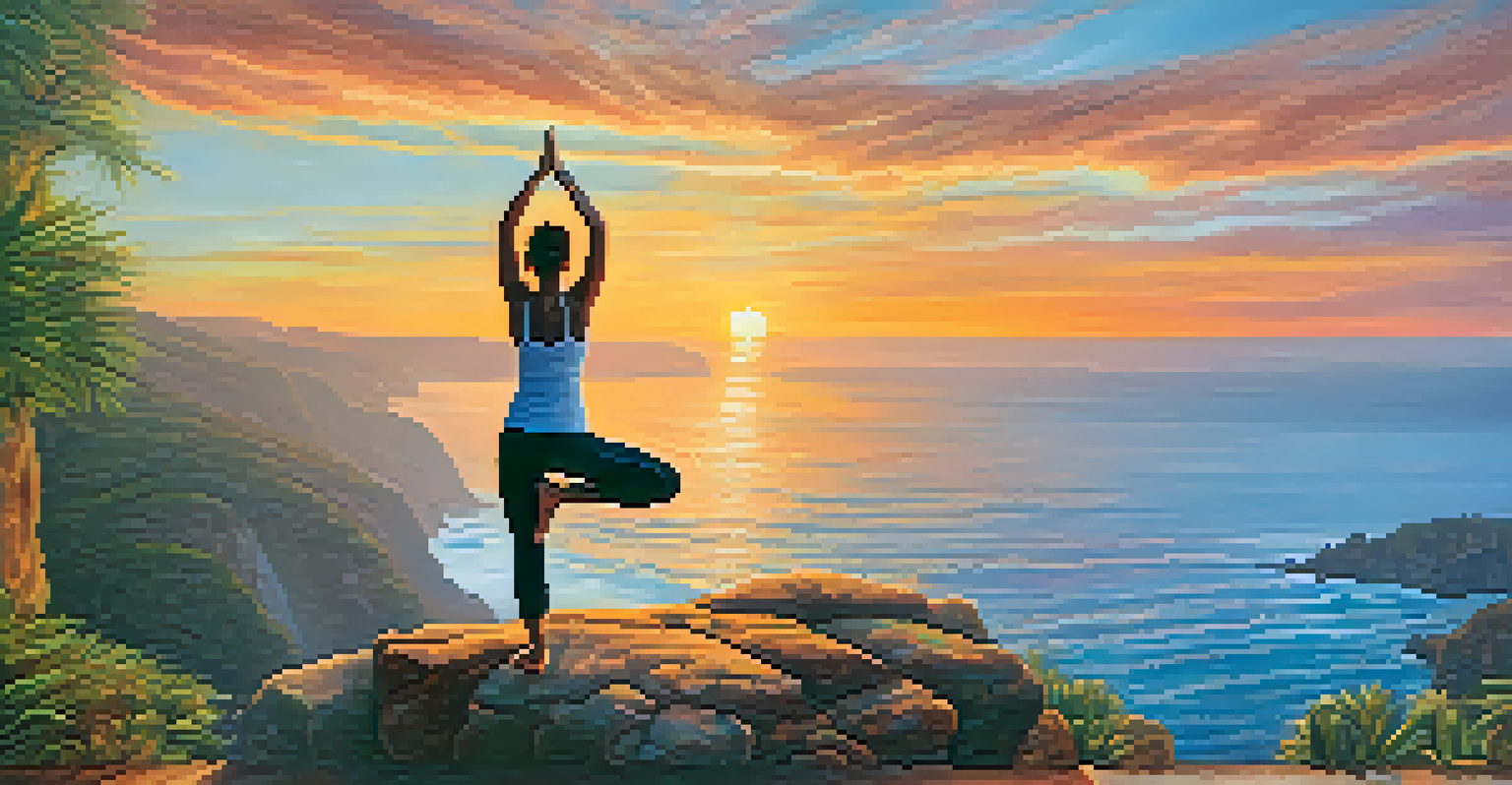 A person practicing yoga on a cliff during a colorful sunset, embodying peace and connection with nature.