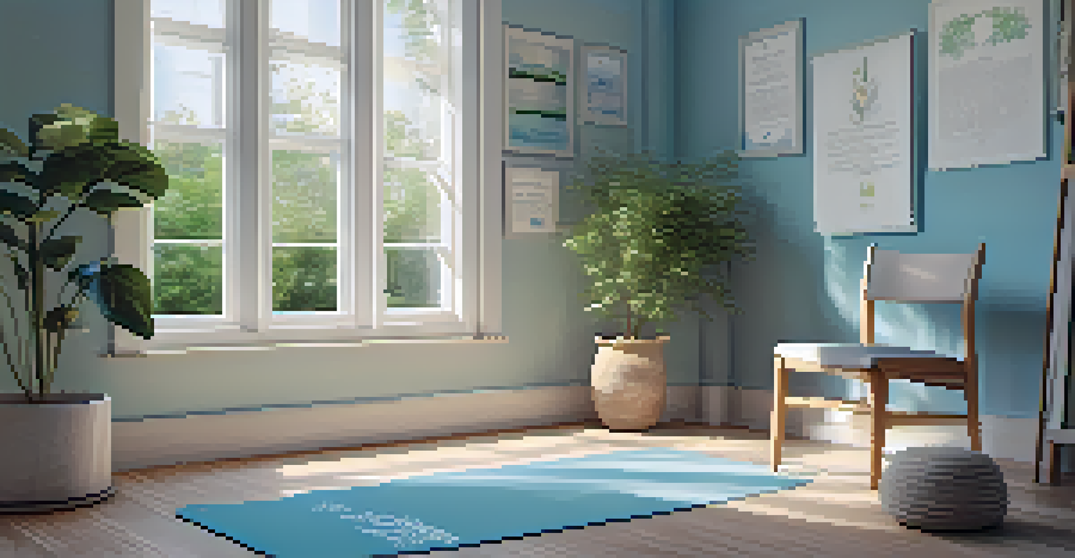 A peaceful workspace with a chair and yoga mat, decorated with wellness quotes and a view of a garden.